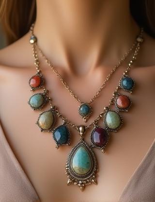 Conjunto de colares com pedras preciosas e detalhes orgânicos.
