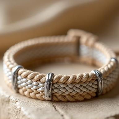 Pulseira artesanal em macramê com detalhes em prata.
